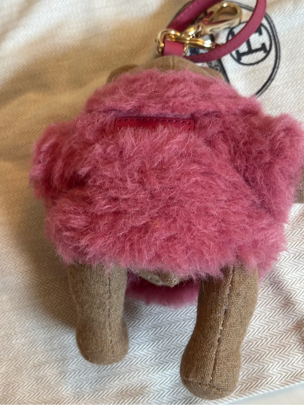 MaxMara Brown Bear Bag Charm with Pink Wool Fur Coat and Gold Hardware